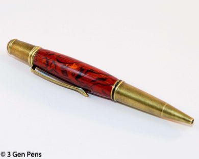Gatsby Twist Pen with Red Natural Paua Abalone and Antique Brass Accents - 3 Gen Pen Company