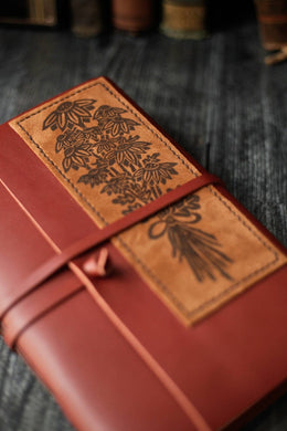 Wayfaring Goods Leather Journal Cream Large Leather Journal with Wildflower Bouquet Print