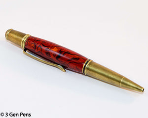 Gatsby Twist Pen with Red Natural Paua Abalone and Antique Brass Accents - 3 Gen Pen Company