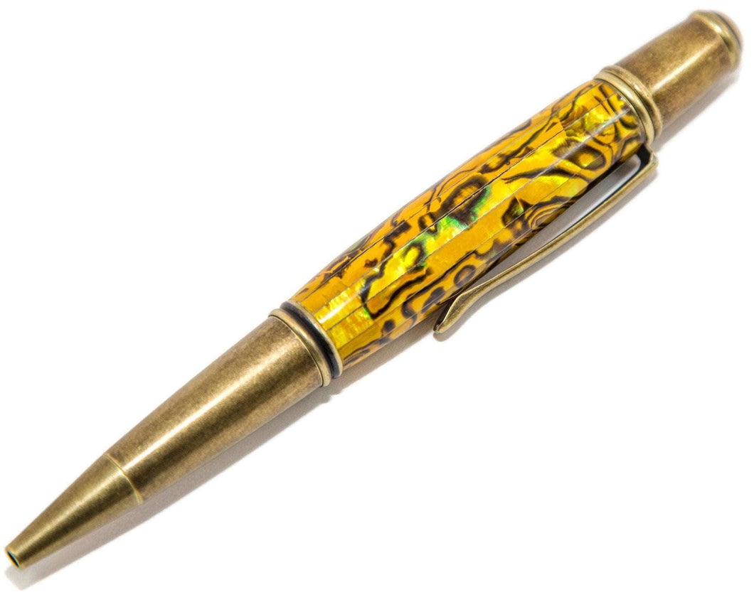 Gatsby Twist Pen with Yellow Natural Paua Abalone and Antique Brass Accents - 3 Gen Pen Company