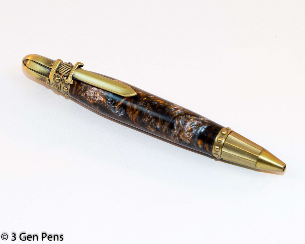 Medieval Themed Pen - Black and Gold Swirls with Antiue Brass Accents - 3 Gen Pen Company