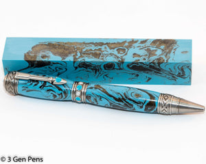 Southwestern Themed Tourquios Colored Pen with Antique Pewter Accents - 3 Gen Pen Company
